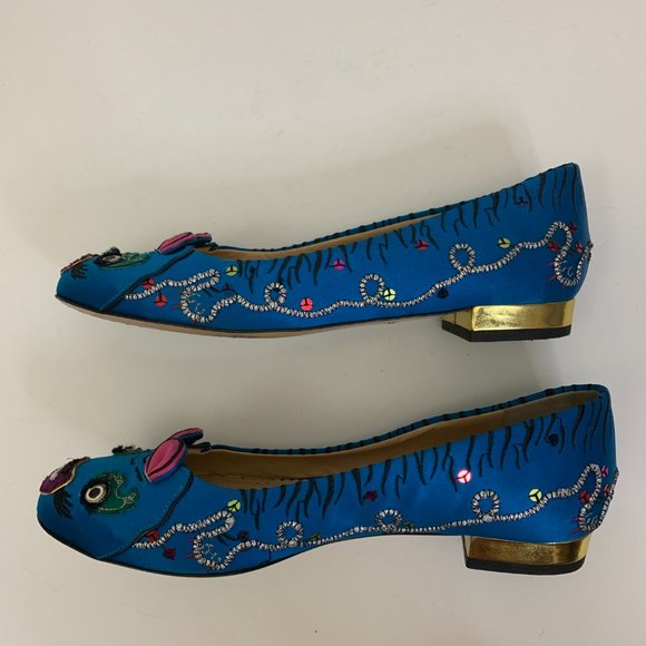 Charlotte Olympia Crouching Tiger Satin Loafer Women's Size 38  Blue - Picture 8 of 9